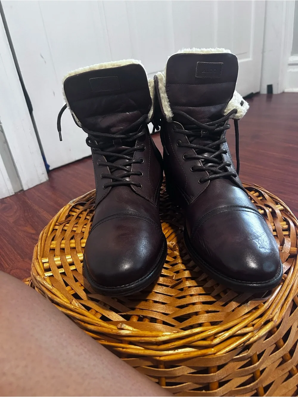 Aldo Dark Brown Leather Lace-Up Boots with Shearling Trim
